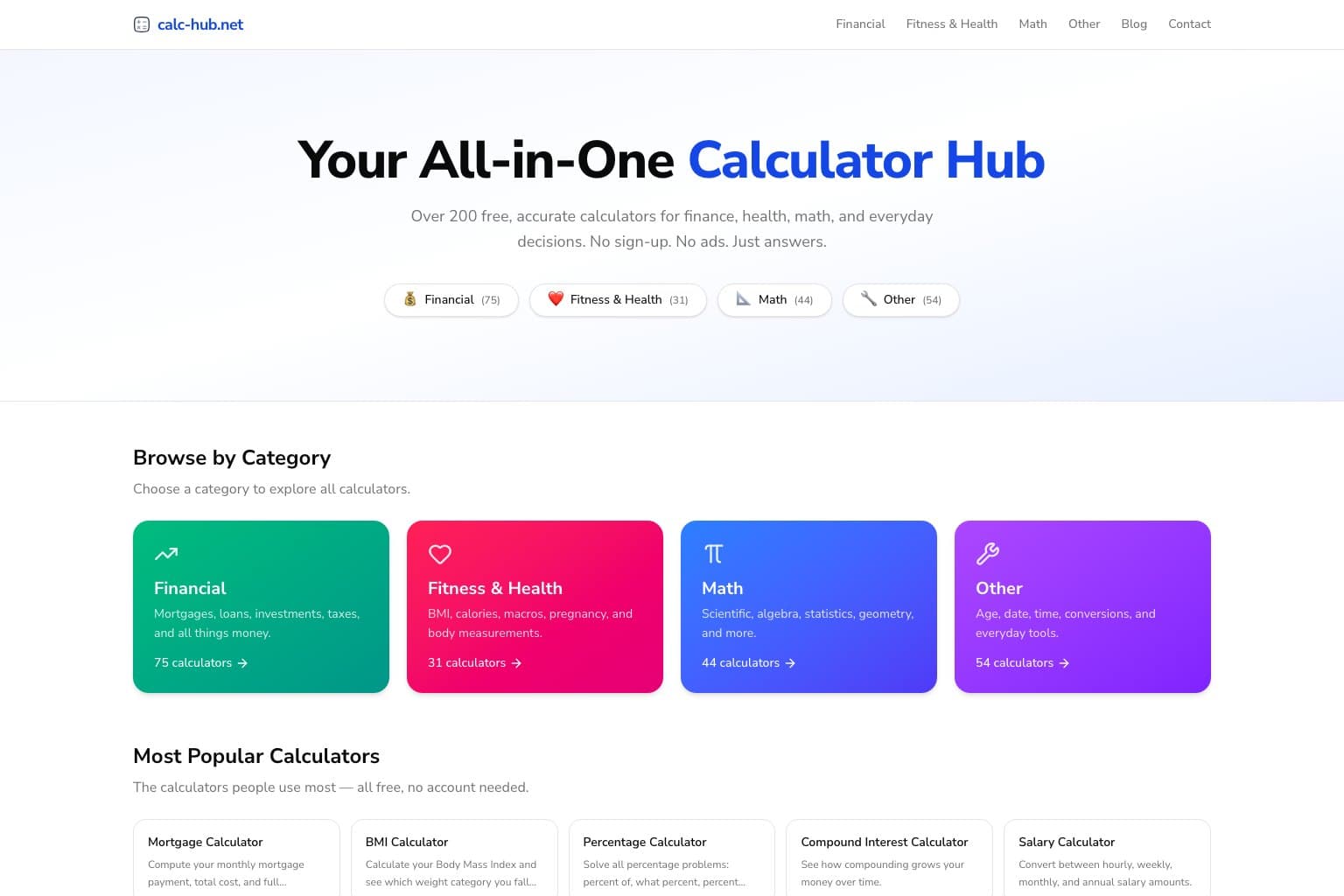 Startseite von calc-hub.net mit vier Kategoriekacheln und den meistgenutzten Rechnern