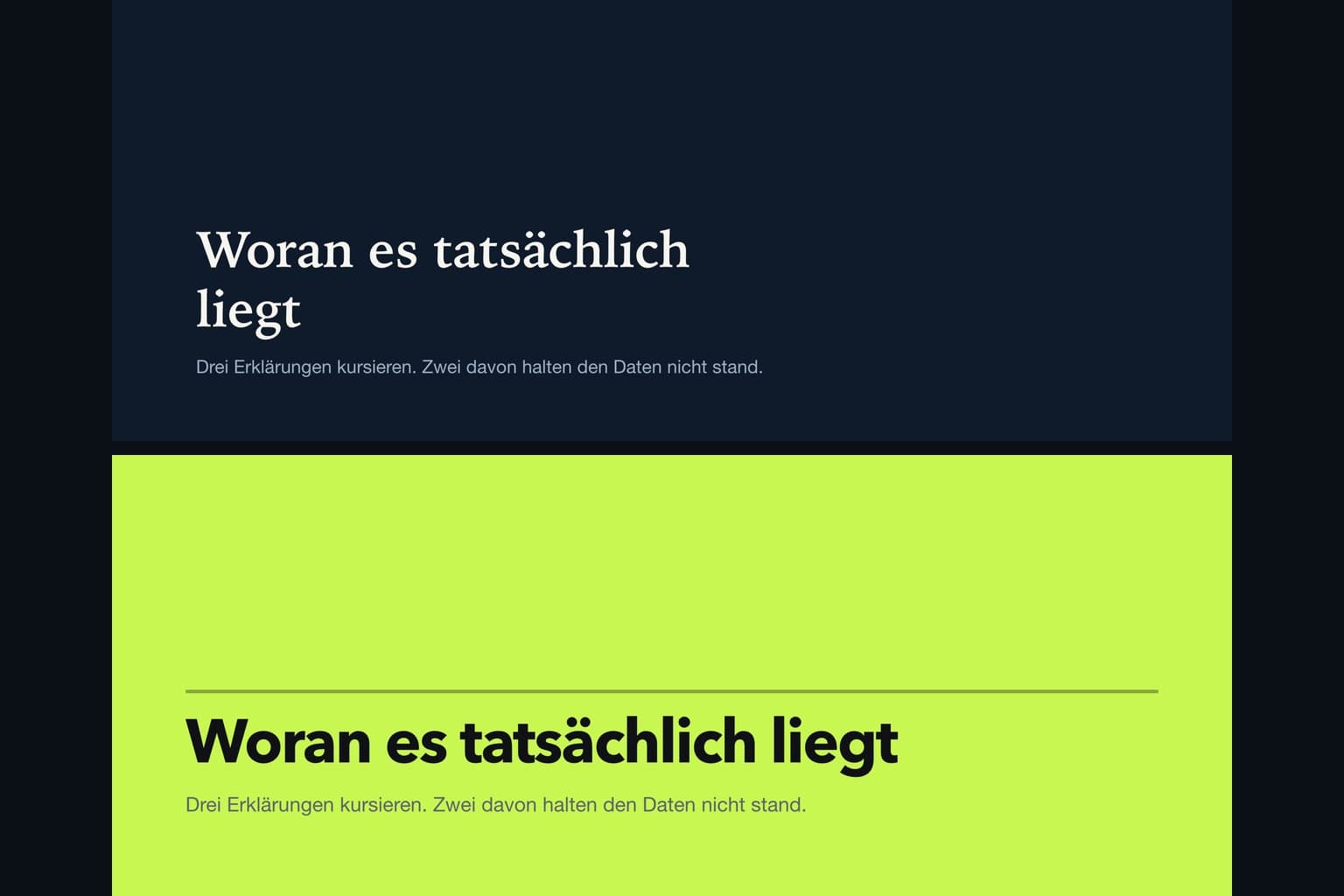 Dieselbe Folie in zwei Style-Packs: dunkles Serifen-Layout oben, helles Grotesk-Layout in Limettengrün darunter