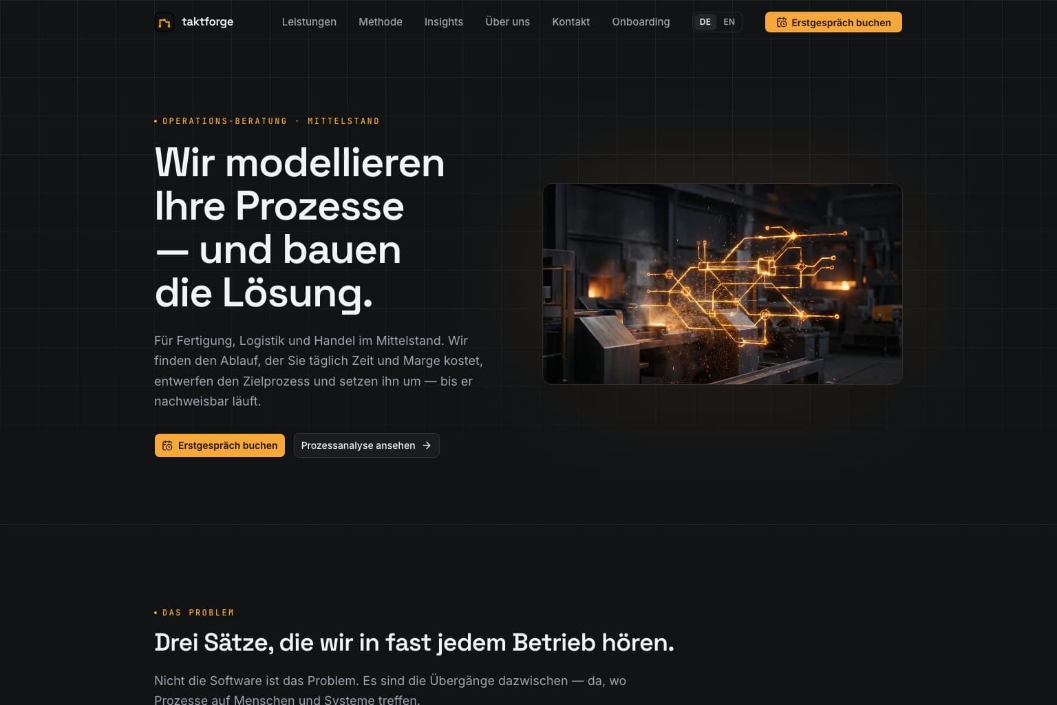 Startseite von taktforge.com mit der Überschrift „Wir modellieren Ihre Prozesse — und bauen die Lösung.“