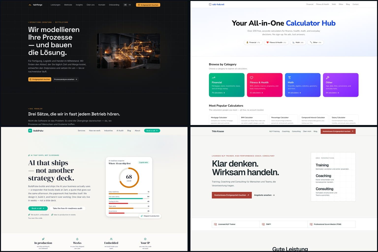 Vier mit webfactory gebaute Websites als Raster: taktforge, calc-hub.net, BuildPulse und Thilo Krause